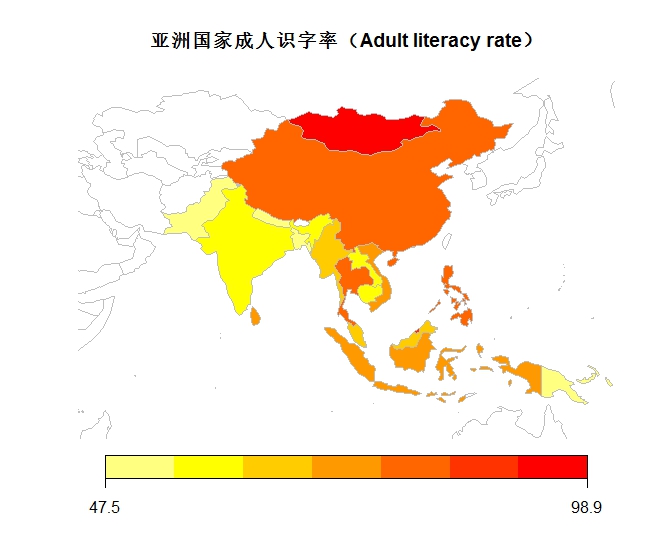 亚洲国家成人识字率(Adult literacy rate)的热力图-第六周作业